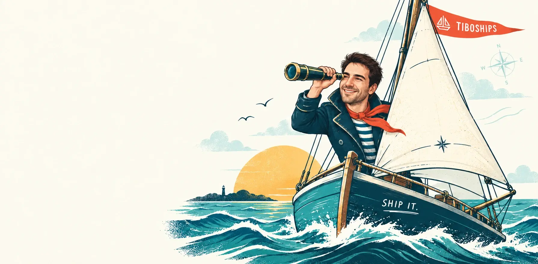 Tibo smiling through a telescope aboard a teal sailboat, sailing toward the horizon.